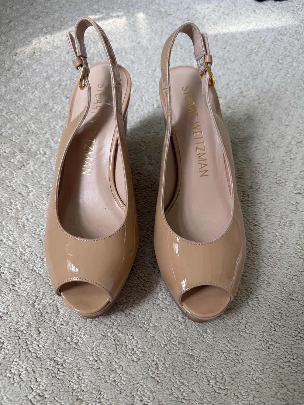 Stuart Weitzman Patent Nude Peep-Toe platform Slingback wedge Pumps